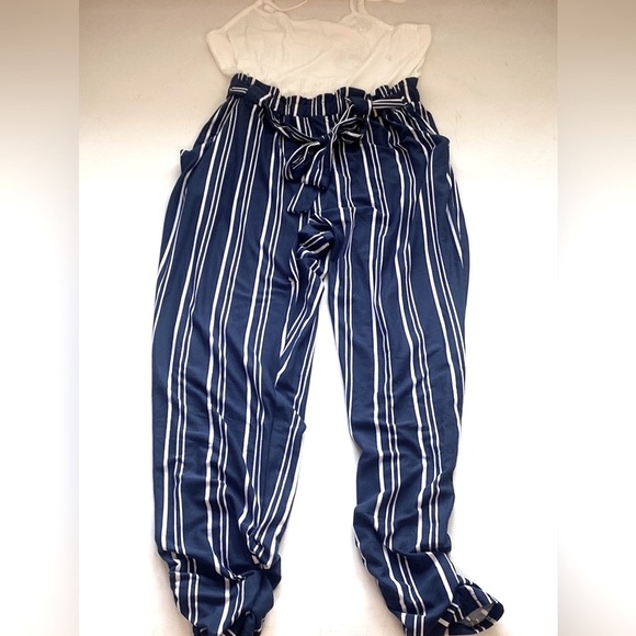 (A5) Jolie & Joy Striped Paper Bag Waist Jumpsuit - Navy, Size XL, NWT - Picture 5 of 10